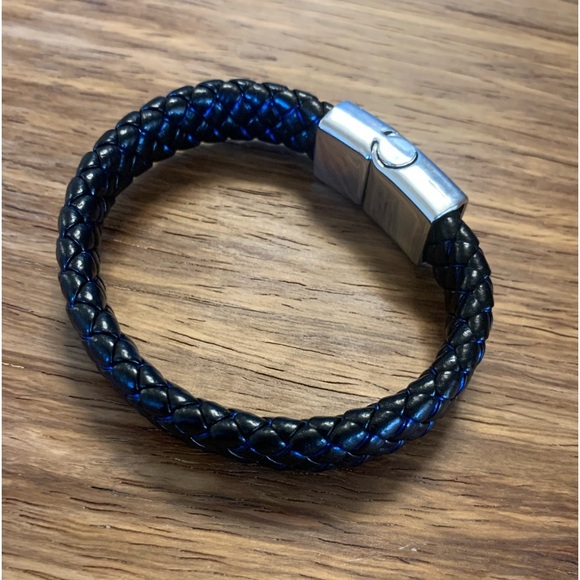 Leather + Stainless Steel Bracelet, Black+ Blue, 7” - Picture 2 of 3